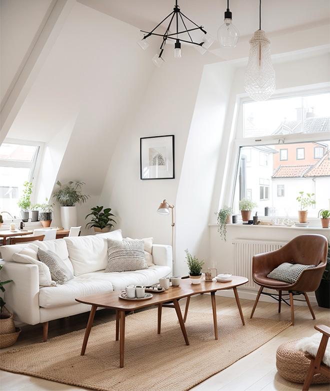 Moderni, vaalea olohuone, jossa ikkunoita, huonekasveja, sohva ja nojatuoli, puiset sohvapöydät ja vaalea matto.
