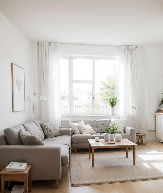 Vaalea, korkea olohuone, jossa ikkuna, kaksi vaaleaa sohvaa, sohvapöytä, matto ja kasveja.